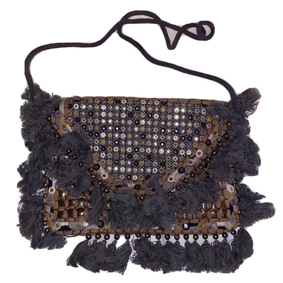 ibBan Anthropology Handmade Boho Beaded Fringe Crossbody Bag Gray - Picture 1 of 11